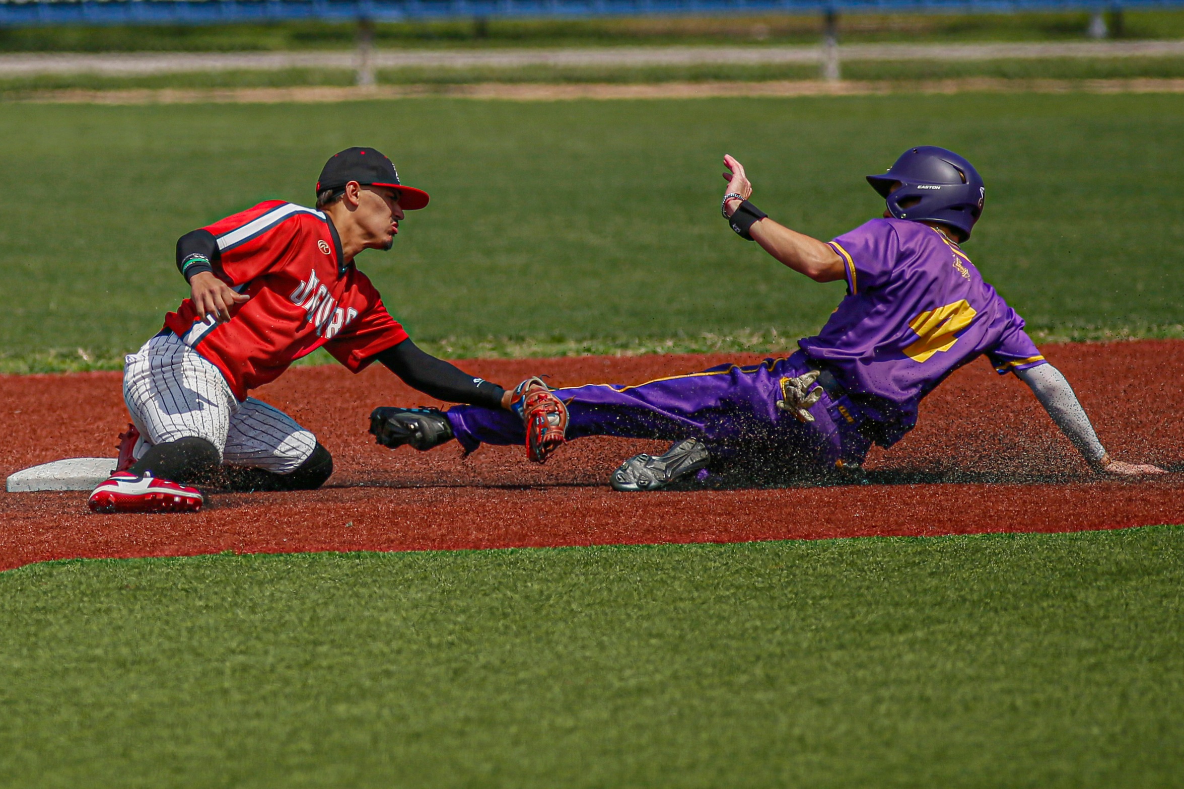 UHV's Jean Michael Gonzalez tags out a runner during a Red River Athletic Conference game against LSU Shreveport at Riverside Stadium on Saturday, March 23, 2024. (Sam Fowler/UHV Athletics)